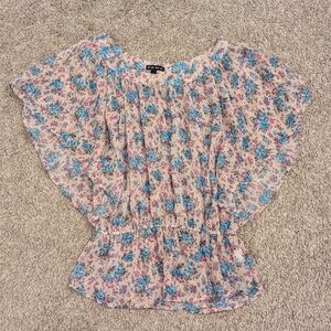 FANG all over floral flower print pink and blue sheer sleeveless cinched blouse